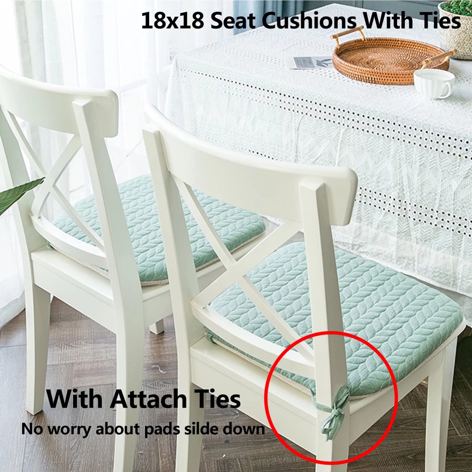 CUNCOO Kitchen Chair Pads Non Slip Set of 6, Dining Room Extra Large U Shaped, Cushion for Chairs with Ties, 100% Cotton Fabric Seat Cushions 6 Pack, Comfortable and Soft G, Green