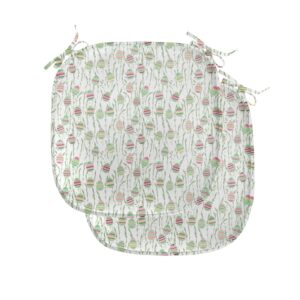 lunarable farm chair seating cushion set of 2, spring easter party theme eggs and leaves art print, anti-slip seat padding for kitchen & patio, 16"x16", fern green pale pink