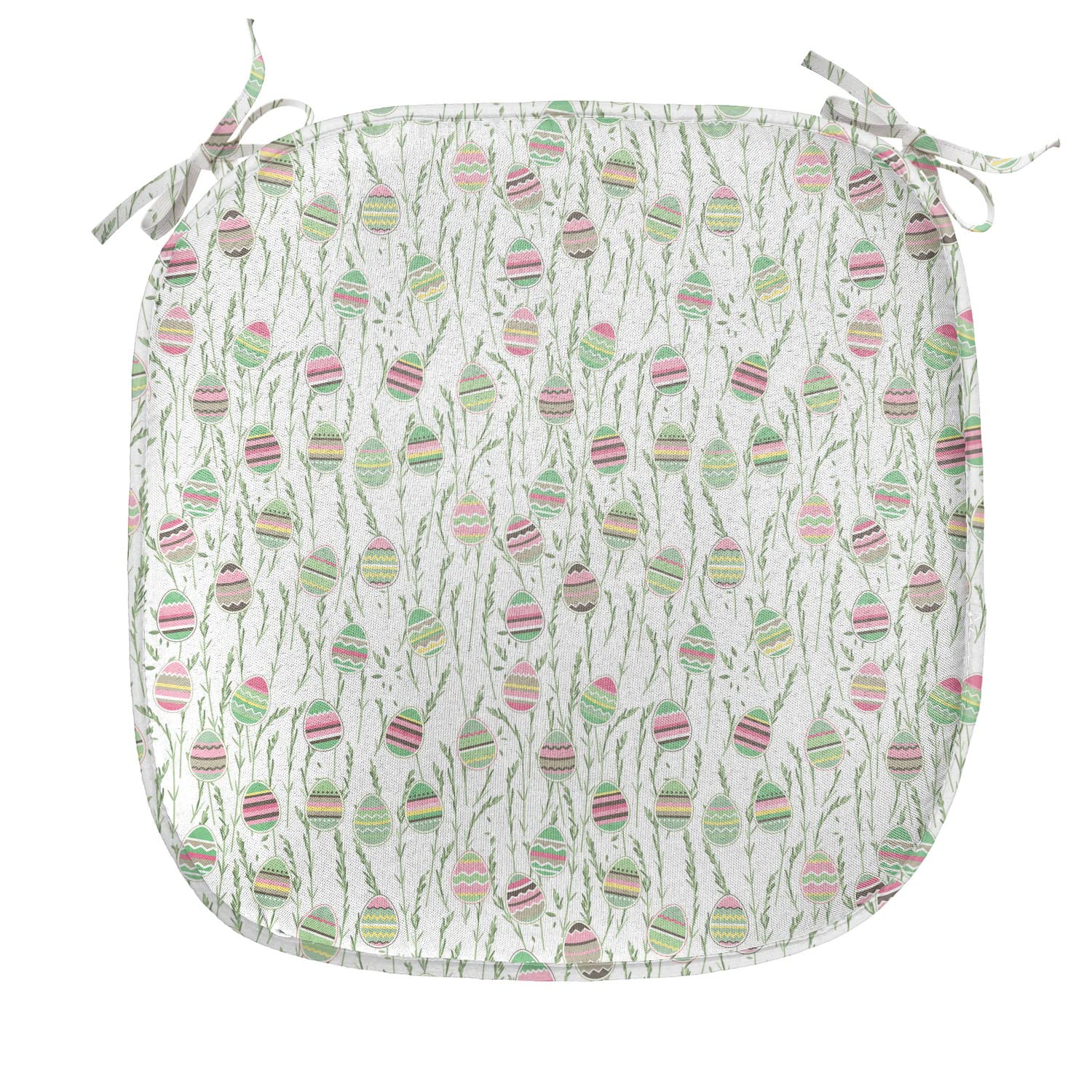 Lunarable Farm Chair Seating Cushion Set of 2, Spring Easter Party Theme Eggs and Leaves Art Print, Anti-Slip Seat Padding for Kitchen & Patio, 16"x16", Fern Green Pale Pink