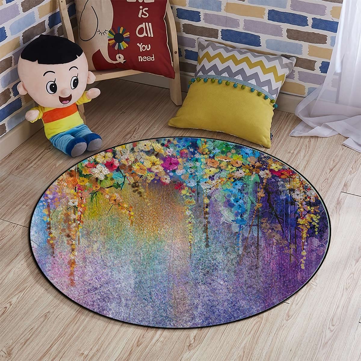 Purple Pale PinkRound Rug Contemporary Modern Wisteria Flowers Dreamy Colors Round Chair Cushion Non-Slip Low-Pile Hardwood Floor Mats Watercolor Flower Diameter 35.5 in