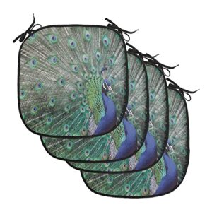 lunarable peacock chair cushion pads set of 4, peacock displaying elongated majestic feathers open wings picture, anti-slip seat padding for kitchen & patio, 16"x16", pale brown navy blue