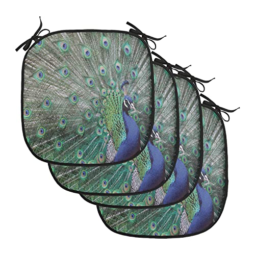 Lunarable Peacock Chair Cushion Pads Set of 4, Peacock Displaying Elongated Majestic Feathers Open Wings Picture, Anti-Slip Seat Padding for Kitchen & Patio, 16"x16", Pale Brown Navy Blue