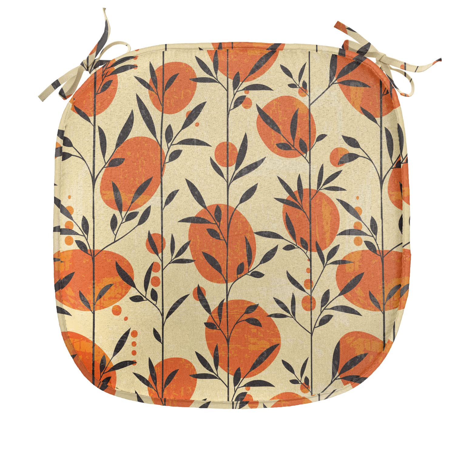 Lunarable Nature Chair Seating Cushion Set of 2, Floral Flower Ivy with Leaves Botanical Forest Trees and Circled Backdrop, Anti-Slip Seat Padding for Kitchen & Patio, 16"x16", Orange Black Cream