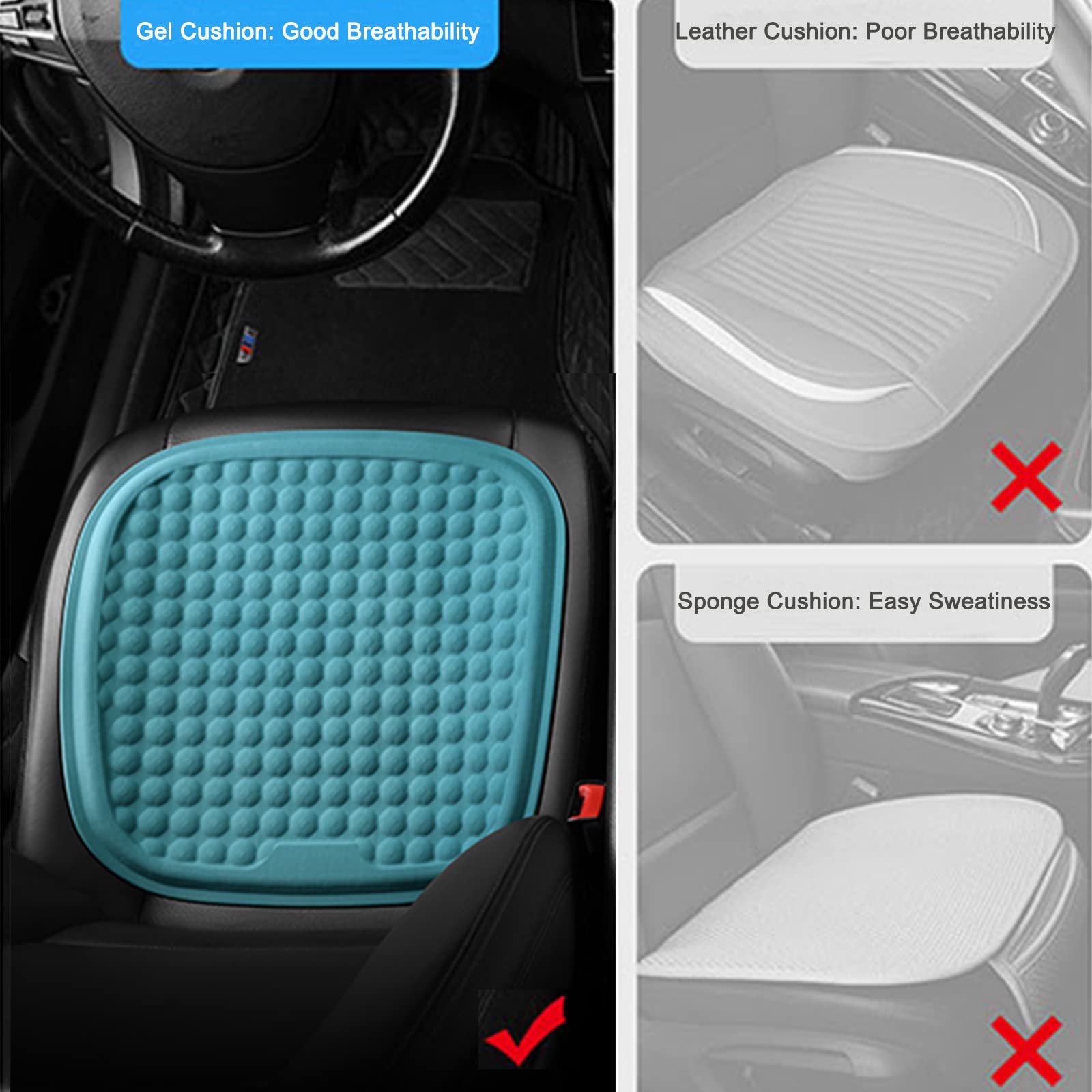 LGNORA Breathable Gel Seat Cushion for Long Sitting Non-Slip Comfortable Car Seat Cushion Cool Washable Home Office Chair Cushion Reduce Sweat (Grey)