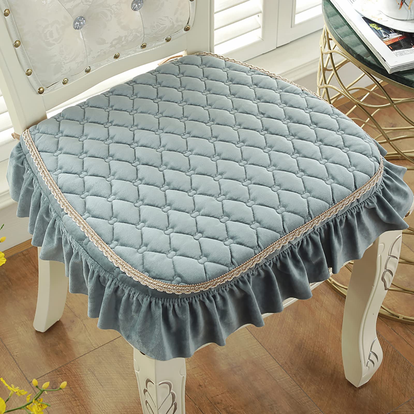 Yizc Lace Ruffle Chair Cushion,Non Slip European Seat Cushion Square Thicken Chair Pad with Ties,Luxury Decorative Chair Cover for Dining Chair Office Chairs-Blue 43x45cm(17x18inch)