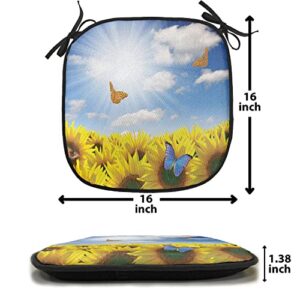 Lunarable Sunflower Chair Cushion Pads Set of 8, Sunflowers in Meadow with Butterflies Floral Image Country Style Home Design, Anti-Slip Seat Padding for Kitchen & Patio, 16"x16", Yellow Blue