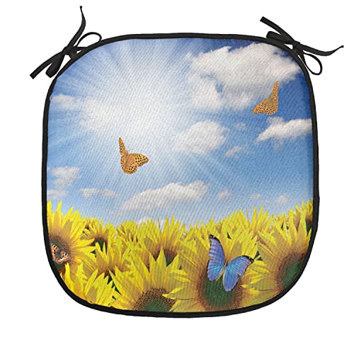 Lunarable Sunflower Chair Cushion Pads Set of 8, Sunflowers in Meadow with Butterflies Floral Image Country Style Home Design, Anti-Slip Seat Padding for Kitchen & Patio, 16"x16", Yellow Blue