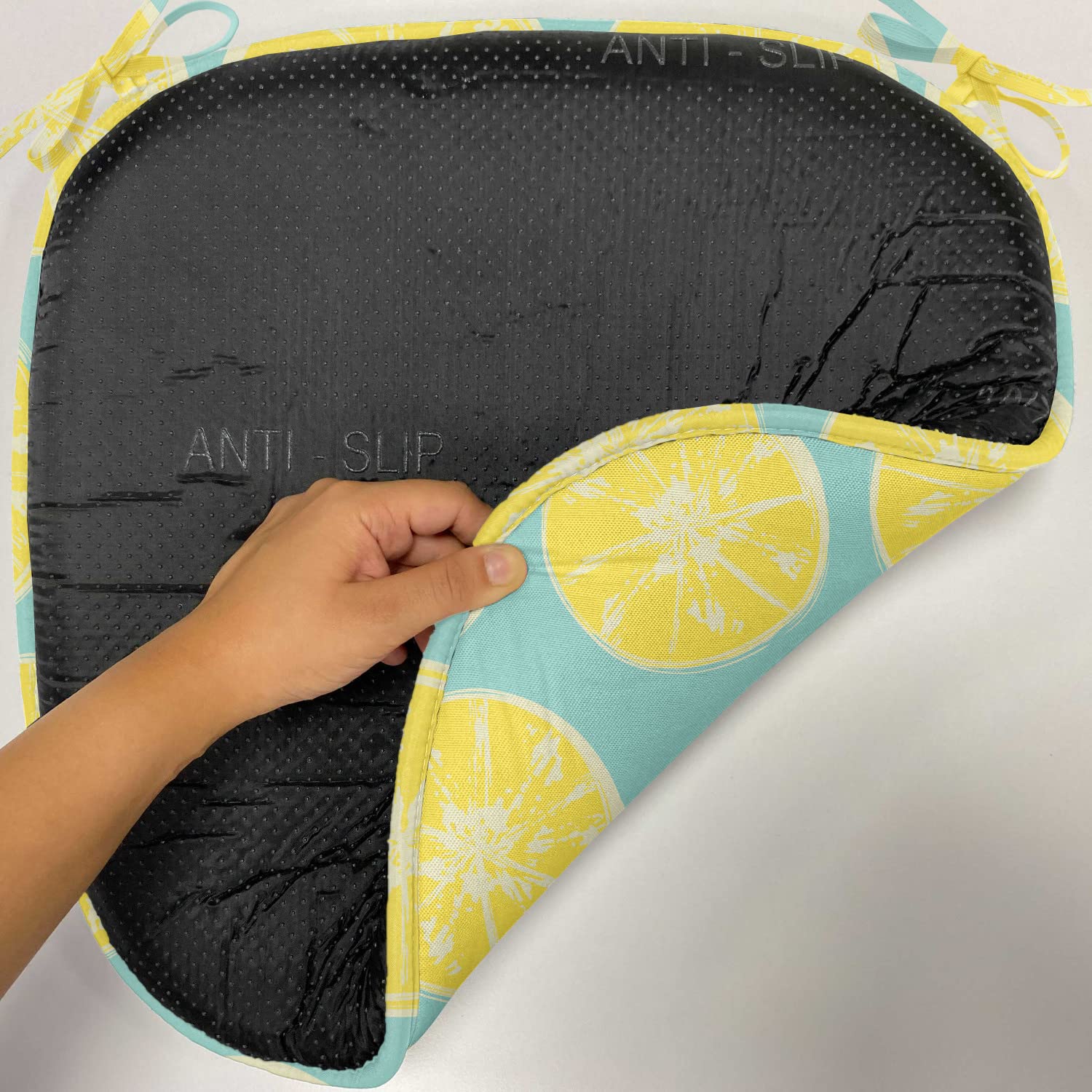 Lunarable Yellow and Blue Chair Seating Cushion Set of 4, Citrus Pattern in Hand Drawn Style Watercolor Grunge Lemon Slices, Anti-Slip Seat Padding for Kitchen & Patio, 16"x16", Turquoise and Yellow