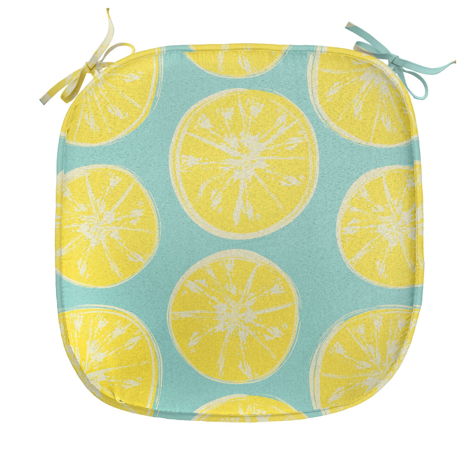 Lunarable Yellow and Blue Chair Seating Cushion Set of 4, Citrus Pattern in Hand Drawn Style Watercolor Grunge Lemon Slices, Anti-Slip Seat Padding for Kitchen & Patio, 16"x16", Turquoise and Yellow