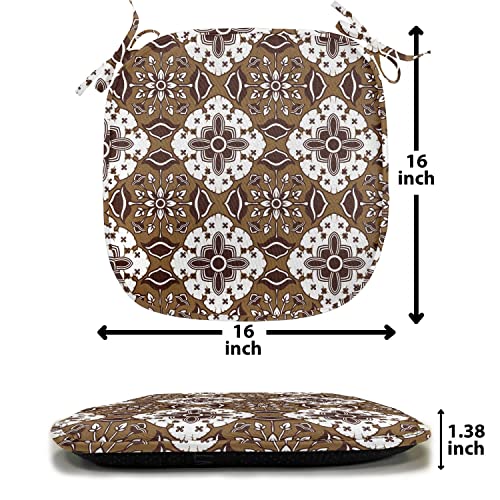 Ambesonne Chocolate Chair Seating Cushion Set of 6, Brown Toned Ancestral Batik Pattern with Floral Indonesian Motifs, Anti-Slip Seat Padding for Kitchen & Patio, 16"x16", Dark Brown White Brown