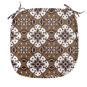 Ambesonne Chocolate Chair Seating Cushion Set of 6, Brown Toned Ancestral Batik Pattern with Floral Indonesian Motifs, Anti-Slip Seat Padding for Kitchen & Patio, 16"x16", Dark Brown White Brown