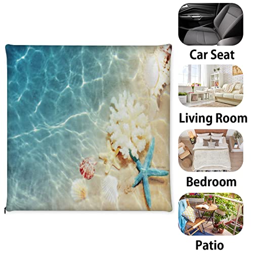 Beach Theme Starfish Coral Seashell Seat Cushion, Memory Foam Chair Cushion 16x16inch with Washable Cover Soft Indoor Seat Cushions Pillow Square Chair Pad for Dining Office Chair, Car, Patio