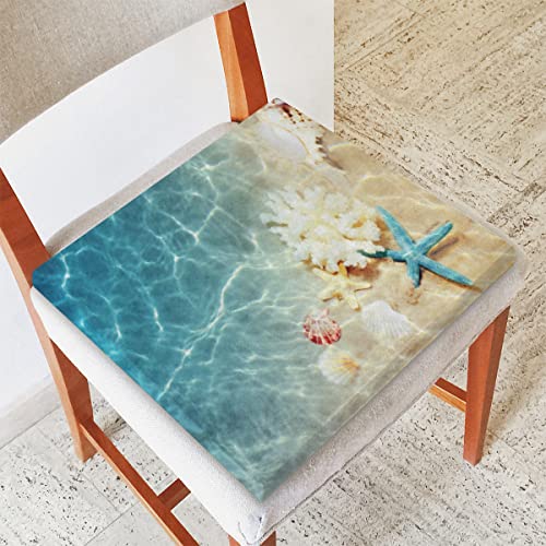 Beach Theme Starfish Coral Seashell Seat Cushion, Memory Foam Chair Cushion 16x16inch with Washable Cover Soft Indoor Seat Cushions Pillow Square Chair Pad for Dining Office Chair, Car, Patio