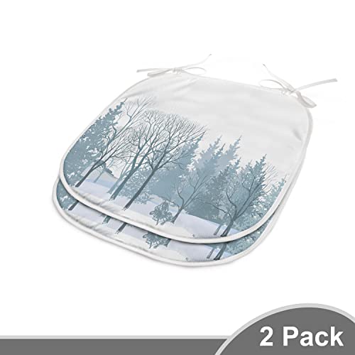 Lunarable Dusty Blue Chair Pad Set of 2, Christmas Theme Snowy Forest Elements Winter Season Landscape, Water Resistant Pillow with Ties Dining Room Kitchen, 15" x 15", Grey Teal Blue Grey