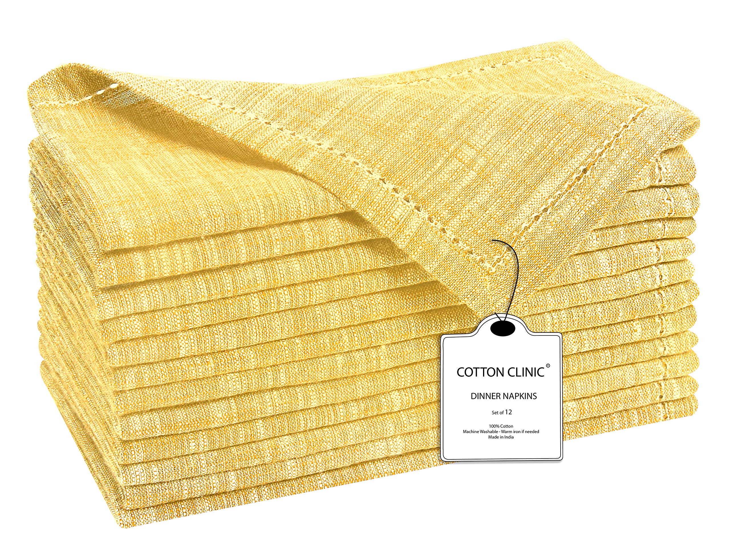 Cotton Clinic 12 Pack Farmhouse Style Slub Textured 18x18 Cloth Dinner Napkins, 100% Cotton for Everyday Use and Events - Soft and Durable Cocktail Napkins, Wedding Dinner Napkins, Yellow