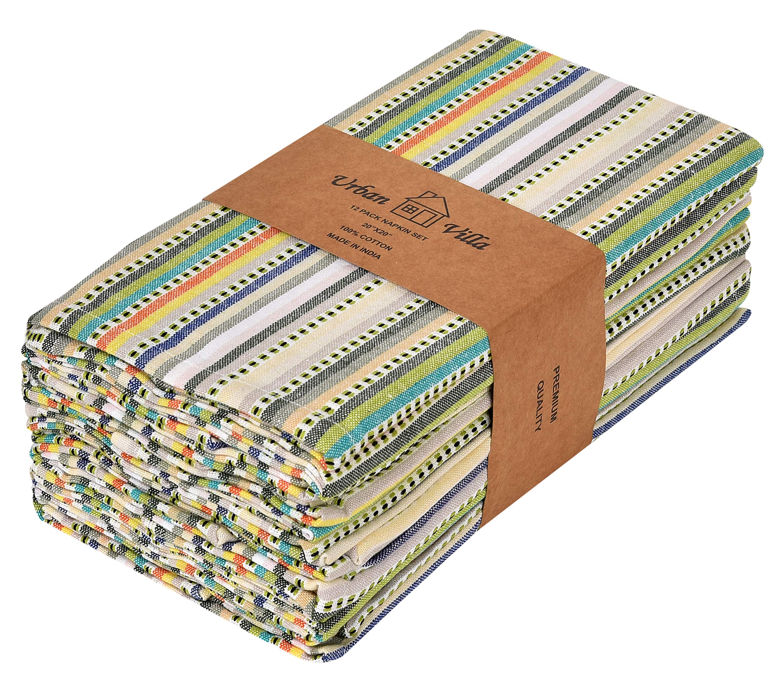 Urban Villa Easter Dinner Napkins Dobby Stripes Cloth Napkins Set of 12 Beige Multi Color Dinner Napkins 20x20 Inches 100% Cotton Napkins Over Sized Cloth Napkins with Mitered Corners Dinner Napkins