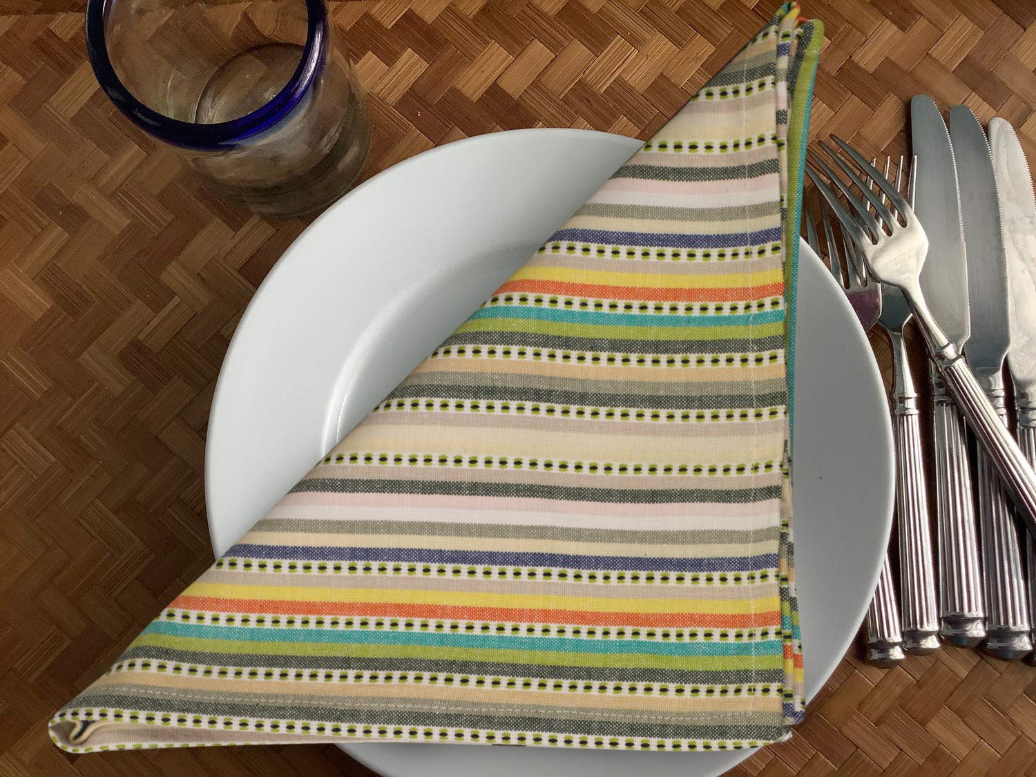 Urban Villa Easter Dinner Napkins Dobby Stripes Cloth Napkins Set of 12 Beige Multi Color Dinner Napkins 20x20 Inches 100% Cotton Napkins Over Sized Cloth Napkins with Mitered Corners Dinner Napkins