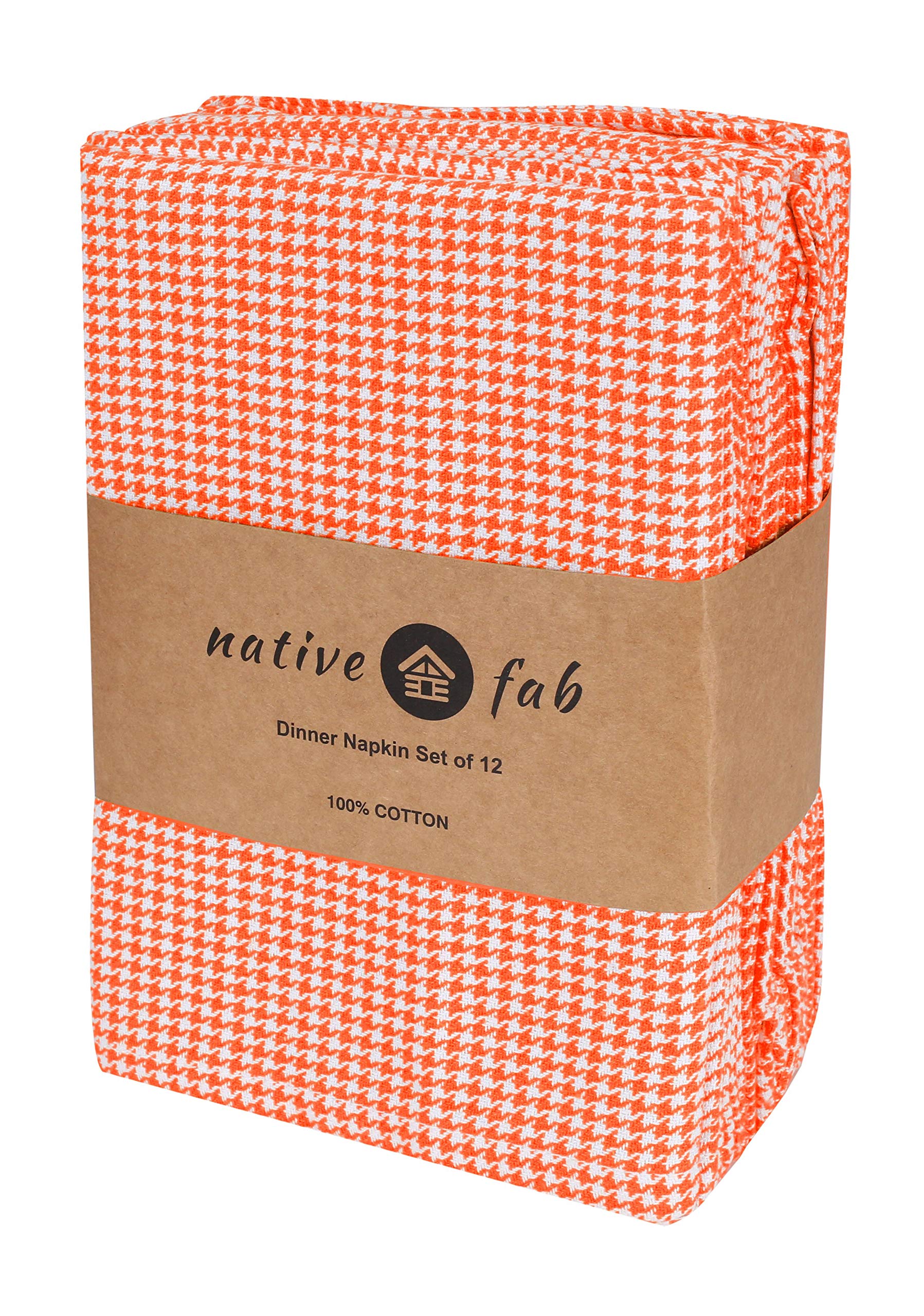 Native Fab Houndstooth Vintage Cloth Dinner Napkins Set of 12 Cotton 18x18 Soft Absorbent Restaurant Hotel Quality - Everyday Easy Care Washable Wedding Dinner Napkins Bulk - Orange