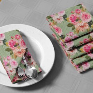 S4Sassy Green Stripe & Ranunculus Floral Holiday Parties Cloth Table Linen Re-Usable Dinner Napkins Set 18 x 18(Pack of 6)