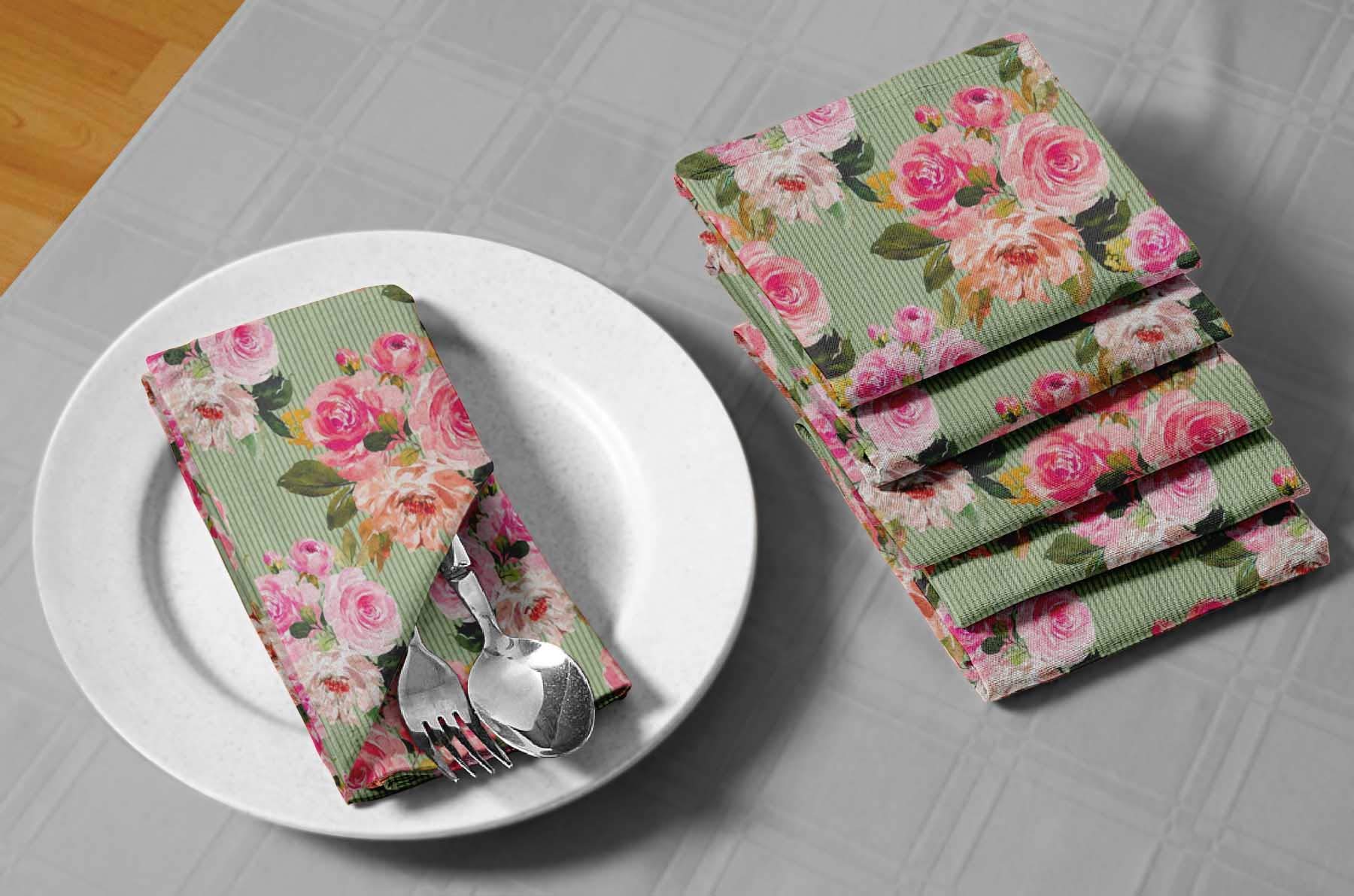 S4Sassy Green Stripe & Ranunculus Floral Holiday Parties Cloth Table Linen Re-Usable Dinner Napkins Set 18 x 18(Pack of 6)