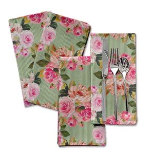 S4Sassy Green Stripe & Ranunculus Floral Holiday Parties Cloth Table Linen Re-Usable Dinner Napkins Set 18 x 18(Pack of 6)