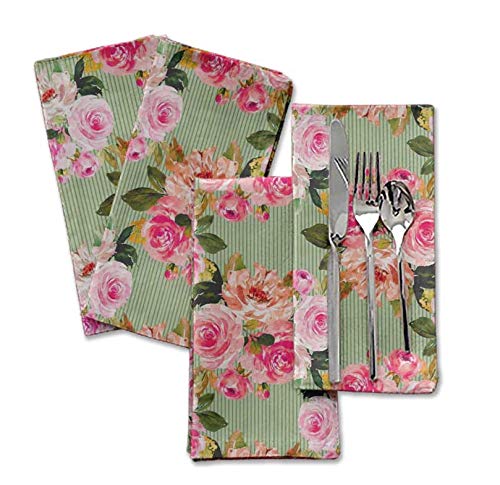 S4Sassy Green Stripe & Ranunculus Floral Holiday Parties Cloth Table Linen Re-Usable Dinner Napkins Set 18 x 18(Pack of 6)