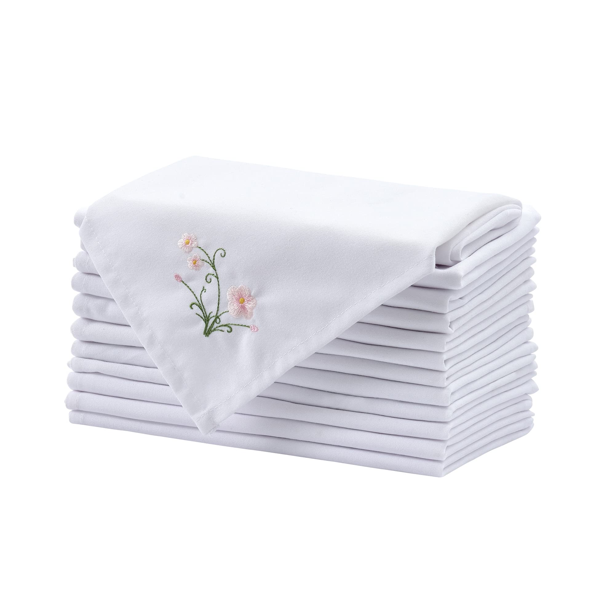 Alevel Cloth Napkins 20x20 Inch 12 Pack, Embroidered Table Napkins, 250 GSM Thick Absorbent, Soft Washable Dinner Napkins (White1)