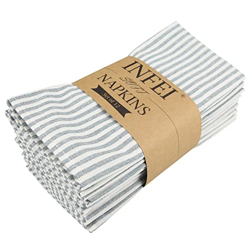 INFEI Plain Striped Cotton Linen Blended Dinner Cloth Napkins - Set of 12 (40 x 30 cm) - for Events & Home Use (Ocean)