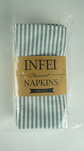 INFEI Plain Striped Cotton Linen Blended Dinner Cloth Napkins - Set of 12 (40 x 30 cm) - for Events & Home Use (Ocean)