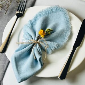 dololoo handmade cloth napkins with fringe,18 x 18 inches cotton linen napkins set of 4 versatile handmade square rustic fringe napkins for dinner, wedding and parties, blue