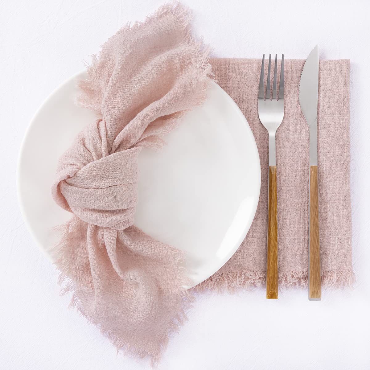 Socomi Handmade Cloth Napkins with Fringe Set of 12 Dusty Pink Cotton Linen Napkins 18"x18" Rustic Dinner Napkins Bulk for Wedding Party Baby Shower