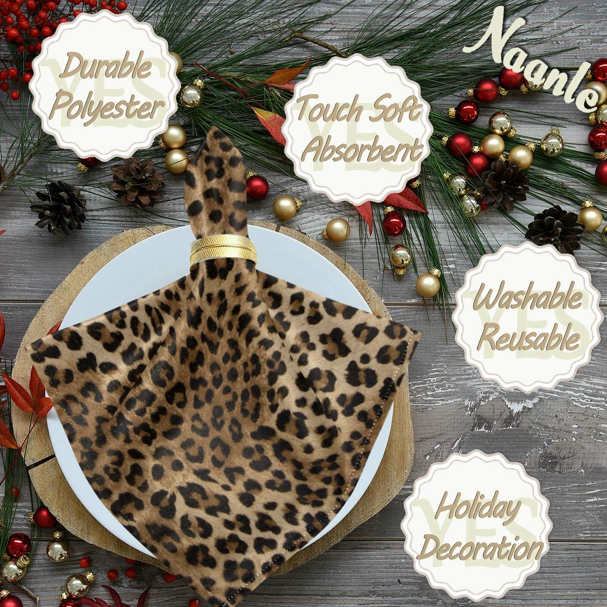 Naanle Animal Print Cloth Napkins Dinner Table Napkins Set of 6, Leopard Solid Washable Reusable Polyester Napkins with Hemmed Edges for Home Holiday Party Wedding Oversized 20 x 20 in