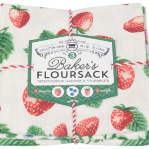 Now Designs Berry Patch Cotton Floursack Kitchen Dish Towels 20 x 30in, Set of 3, Red, Blue, Green, White