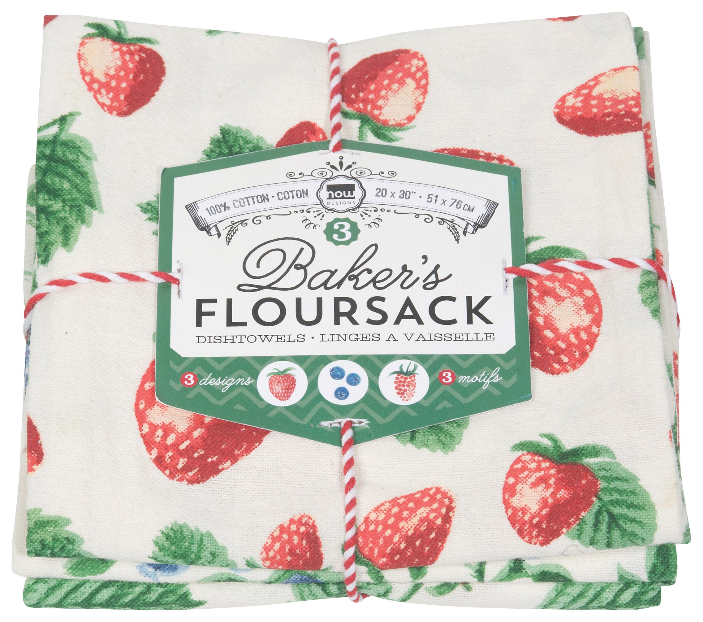 Now Designs Berry Patch Cotton Floursack Kitchen Dish Towels 20 x 30in, Set of 3, Red, Blue, Green, White