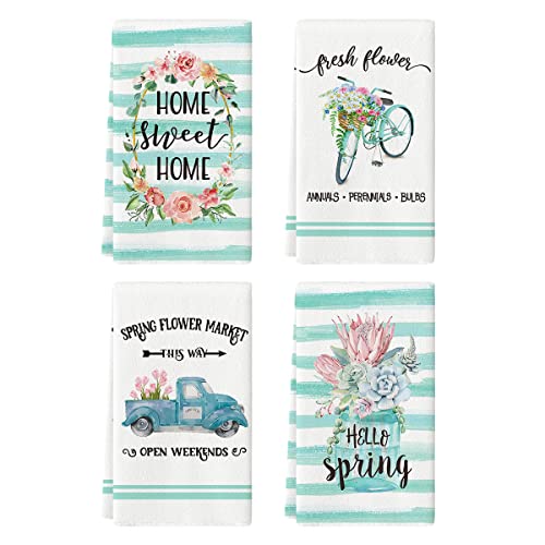 Artoid Mode Watercolor Stripes Flower Bottle Wreath Kitchen Dish Towels, 18 x 26 Inch Seasonal Spring Bicycle Truck Ultra Absorbent Drying Cloth Tea Towels for Cooking Baking Set of 4