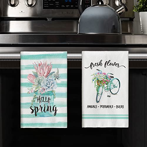 Artoid Mode Watercolor Stripes Flower Bottle Wreath Kitchen Dish Towels, 18 x 26 Inch Seasonal Spring Bicycle Truck Ultra Absorbent Drying Cloth Tea Towels for Cooking Baking Set of 4