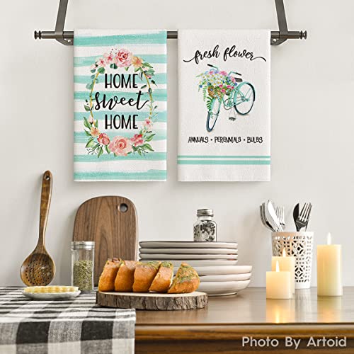 Artoid Mode Watercolor Stripes Flower Bottle Wreath Kitchen Dish Towels, 18 x 26 Inch Seasonal Spring Bicycle Truck Ultra Absorbent Drying Cloth Tea Towels for Cooking Baking Set of 4