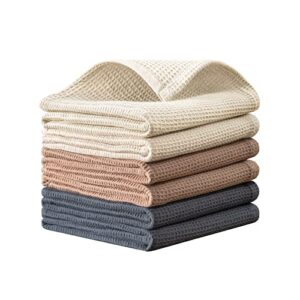 quiltina cotton waffle weave dish towels set, 17 x 25 inches, 6 pack, beige, brown, dark grey