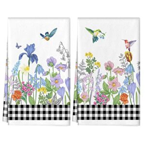 poilkmni 2 pcs summer hummingbird kitchen dish towels, tulip flowers butterfly tea towels, summer wild floral hand towels hummingbird kitchen decor housewarming gifts for new home 18x27.5