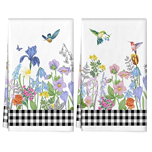 POILKMNI 2 PCS Summer Hummingbird Kitchen Dish Towels, Tulip Flowers Butterfly Tea Towels, Summer Wild Floral Hand Towels Hummingbird Kitchen Decor Housewarming Gifts for New Home 18x27.5