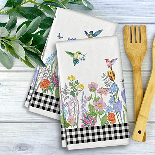 POILKMNI 2 PCS Summer Hummingbird Kitchen Dish Towels, Tulip Flowers Butterfly Tea Towels, Summer Wild Floral Hand Towels Hummingbird Kitchen Decor Housewarming Gifts for New Home 18x27.5