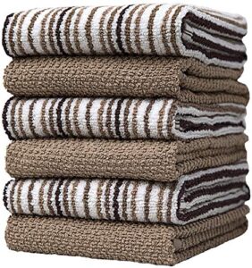 400 gsm absorbent 6 pack cotton popcorn stripe kitchen towels with hanging loop - 16x26 inches, tan