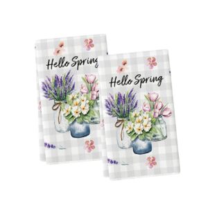 artoid mode buffalo plaid lavender vase spring kitchen towels dish towels, 18x26 inch summer tulips flowers holiday decoration hand towels set of 2