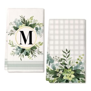 geeory monogram letter m kitchen towels for home decor eucalyptus leaves family last name initial dish towels 18x26 inch ultra absorbent bar drying cloth hand towel bathroom decorations set of 2