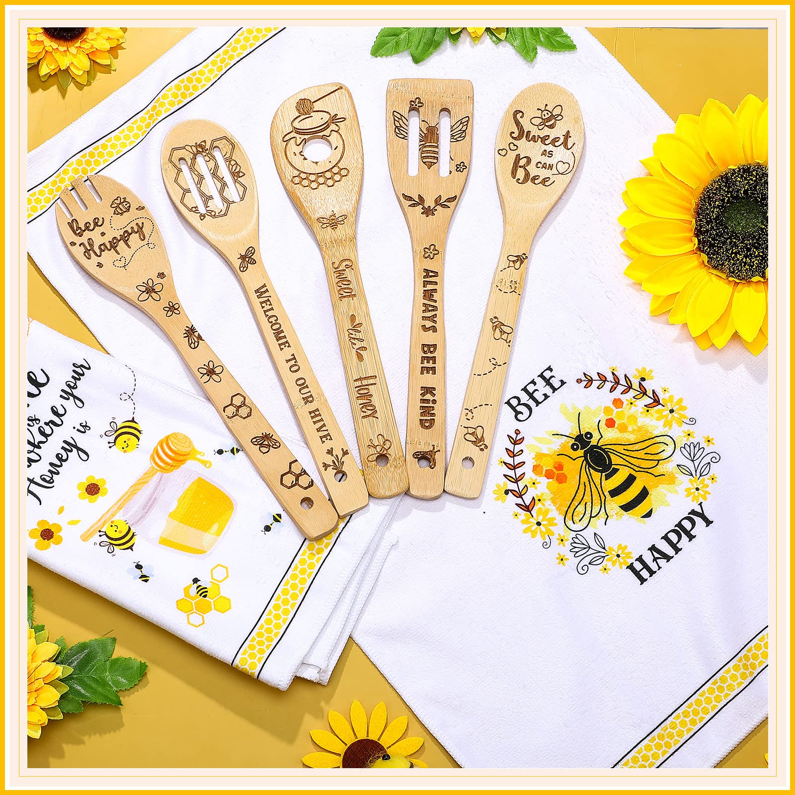 Minatee 7 Pcs Bee Kitchen Decor Set, Including 2 Pcs Bee Kitchen Towels and 5 Pcs Cute Bee Wooden Spoons Rustic Bamboo Utensils Gifts for Housewarming Bridal Shower Anniversary