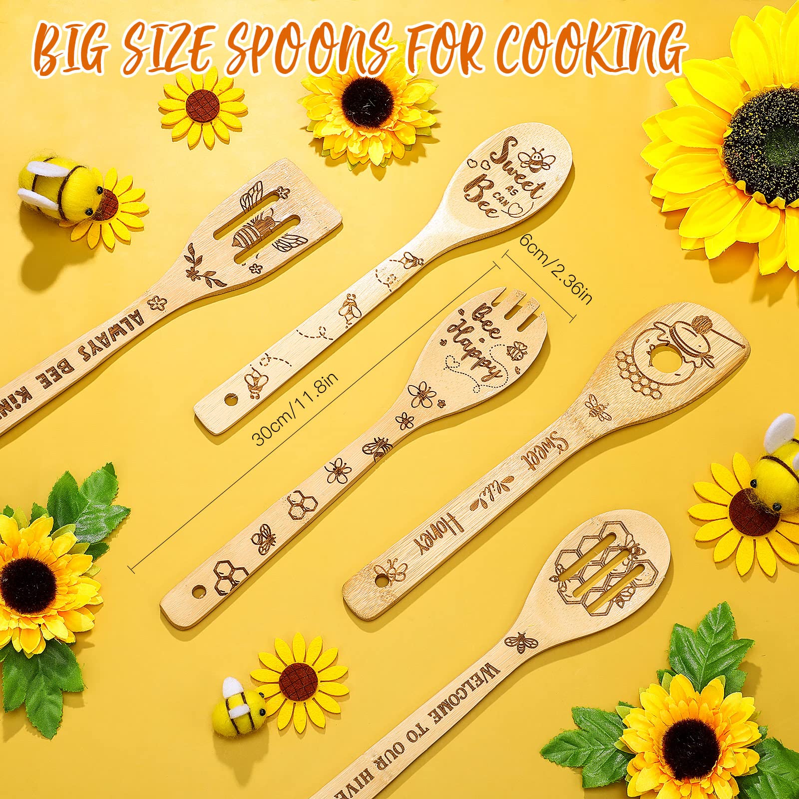 Minatee 7 Pcs Bee Kitchen Decor Set, Including 2 Pcs Bee Kitchen Towels and 5 Pcs Cute Bee Wooden Spoons Rustic Bamboo Utensils Gifts for Housewarming Bridal Shower Anniversary