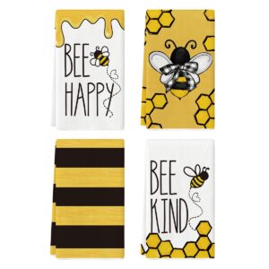 artoid mode cute bee happy bee kind summer kitchen towels, 18 x 26 inch holiday spring ultra absorbent drying cloth dish towels for cooking baking set of 4