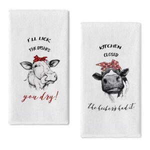 seliem funny farm cow kitchen dish towel, kitchen closed the heifers had it i’ll lick the dishes you dry sign tea bar hand drying cloth, country farmhouse fun animal decor home decorations 18” x 26”