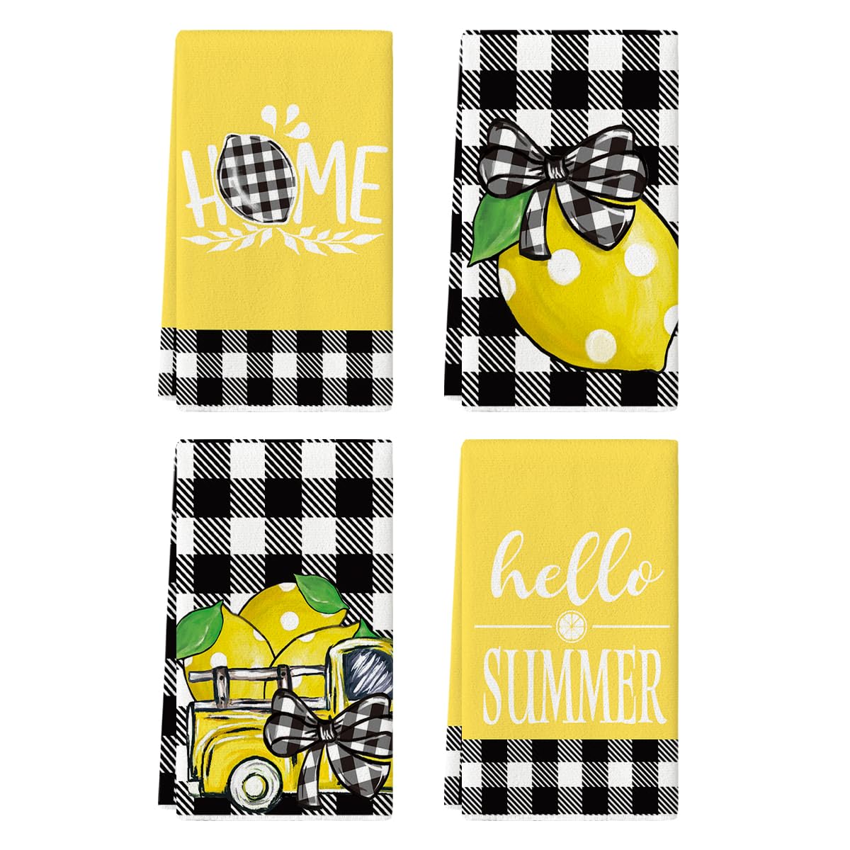 Artoid Mode Buffalo Plaid Lemon Home Truck Hello Summer Kitchen Towels Dish Towels, 18x26 Inch Seasonal Decoration Hand Towels Set of 4