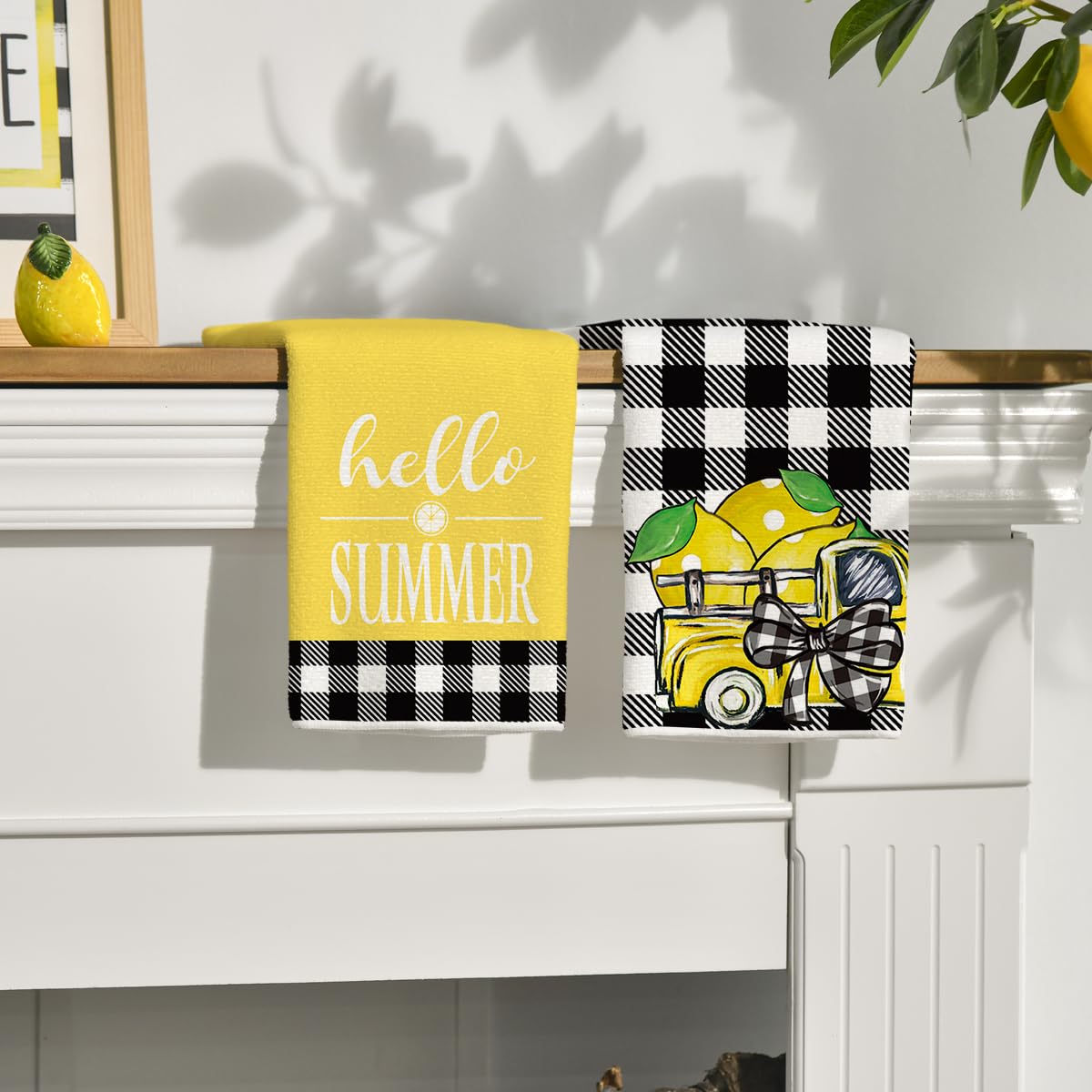 Artoid Mode Buffalo Plaid Lemon Home Truck Hello Summer Kitchen Towels Dish Towels, 18x26 Inch Seasonal Decoration Hand Towels Set of 4